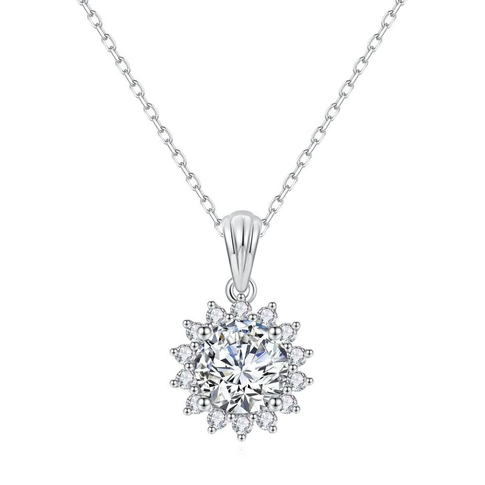 Sunburst round moissanite floral halo pendant necklace in rhodium plated S925 sterling silver top view-Novelle Vow