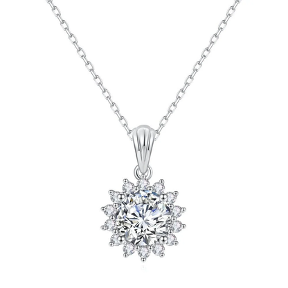 Sunburst round moissanite floral halo pendant necklace in rhodium plated S925 sterling silver top view-Novelle Vow