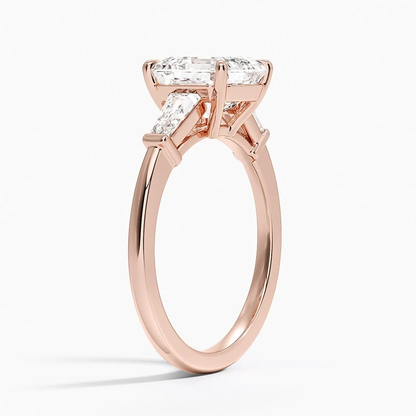 Rose gold asscher cut moissanite three-stone engagement ring 3/4 side perspective view showing claw prongs