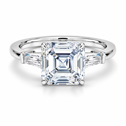 White gold asscher cut moissanite three-stone engagement ring top view with tapered baguette side stones-Novelle Vow