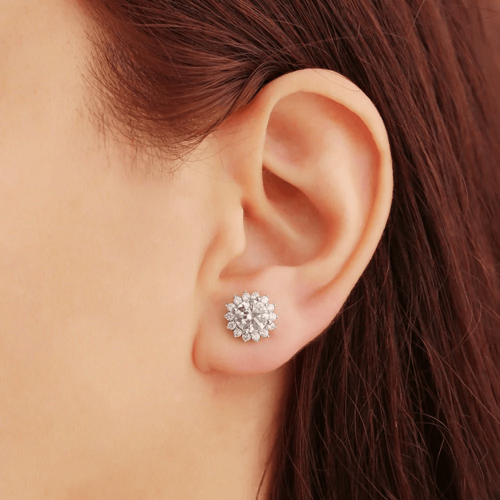 The Leura - Sunflower Halo Round Moissanite Stud Earrings (2 CTW) - Novelle Vow