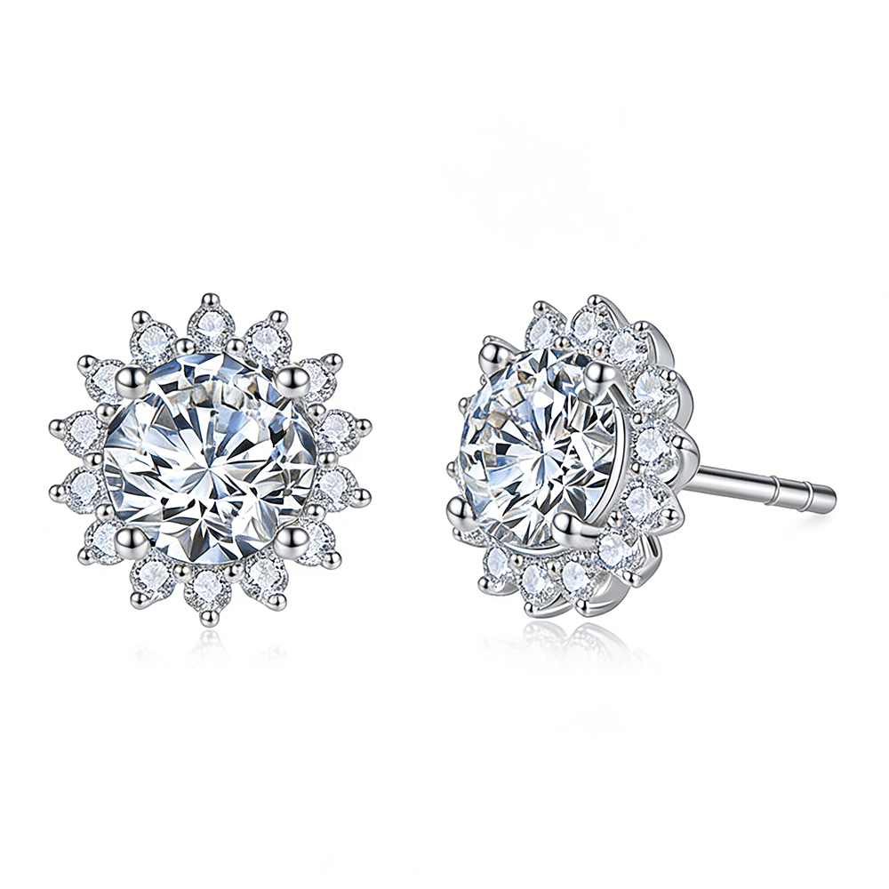The Leura - Sunflower Halo Round Moissanite Stud Earrings (2 CTW) - Novelle Vow