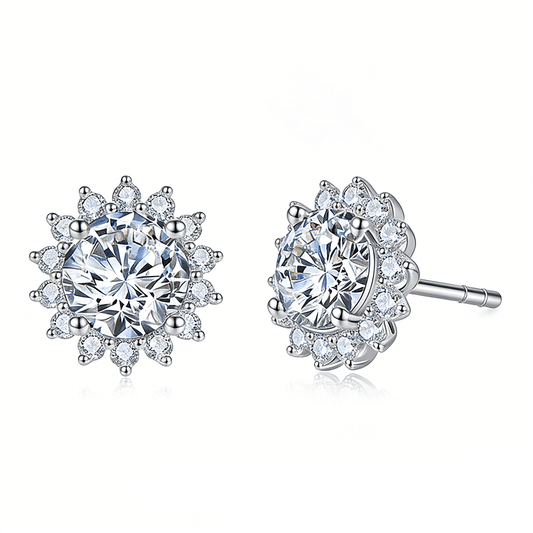 The Leura - Sunflower Halo Round Moissanite Stud Earrings (2 CTW) - Novelle Vow