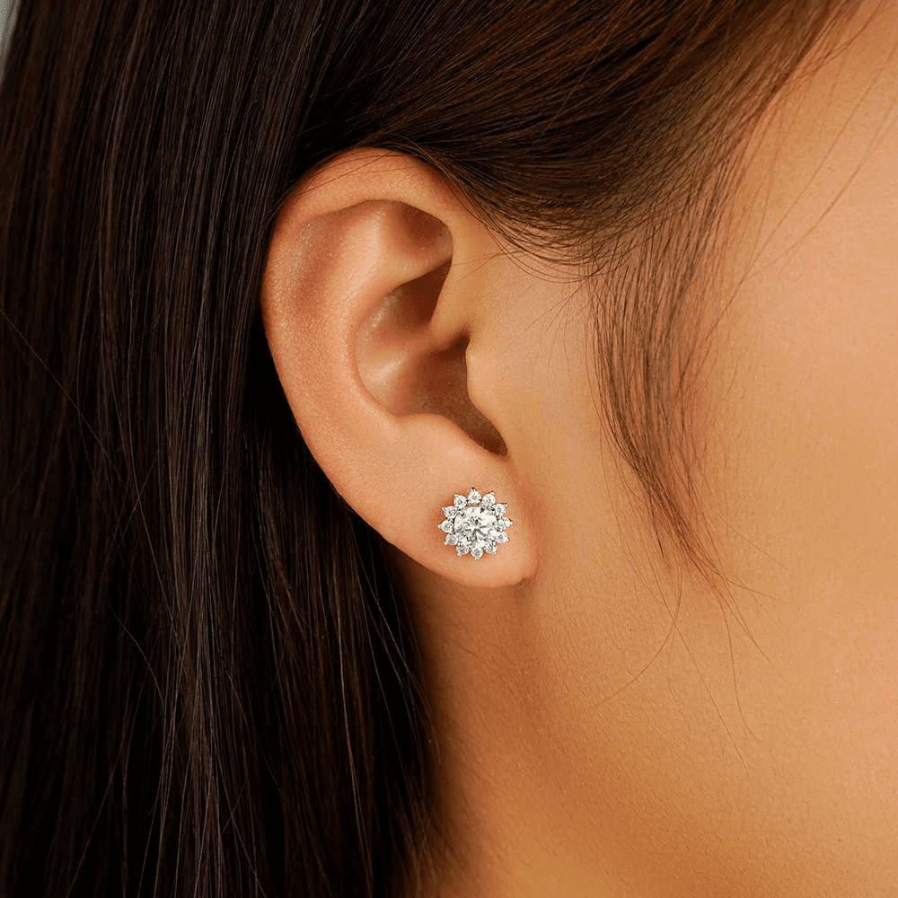 The Leura - Sunflower Halo Round Moissanite Stud Earrings (2 CTW) - Novelle Vow