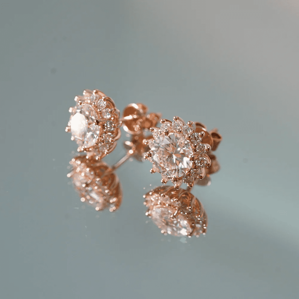The Leura - Sunflower Halo Round Moissanite Stud Earrings (2 CTW) - Novelle Vow