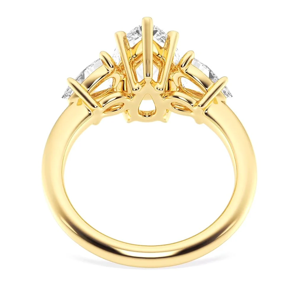 Yellow gold three stone pear moissanite engagement ring side angle profile view