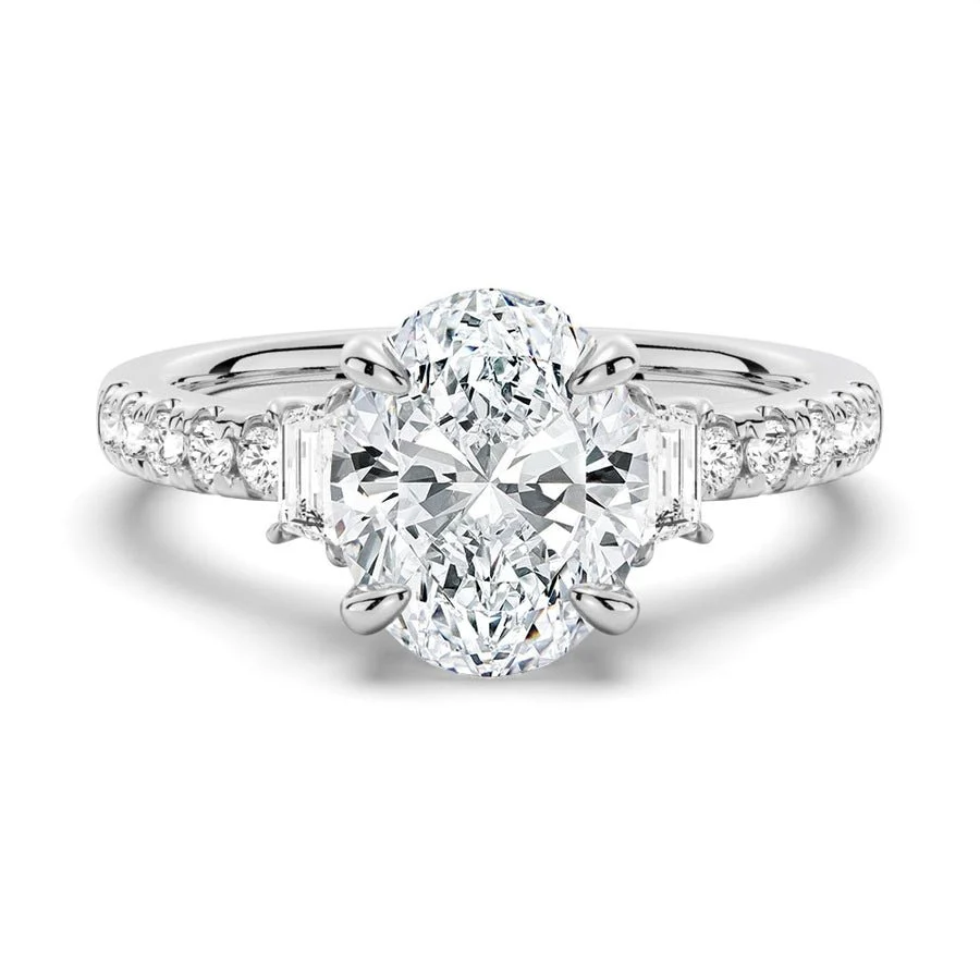 White gold three-stone oval moissanite engagement ring top view-NOVELLE VOW