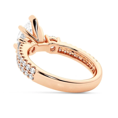 Pear Moissanite Three-Stone Engagement Ring with Double Pavé Band