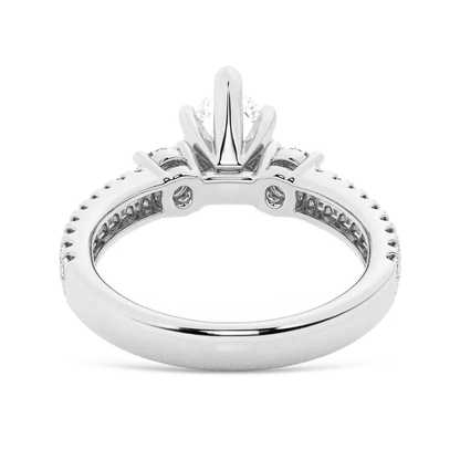 White gold three stone pear moissanite engagement ring back profile view showing basket structure