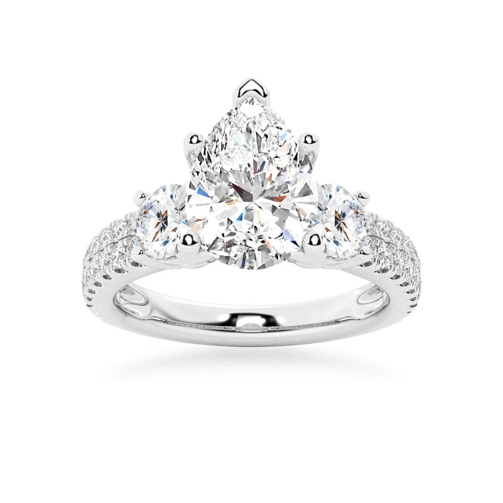 White gold three stone pear moissanite engagement ring top view with double row pave band-NOVELLE VOW