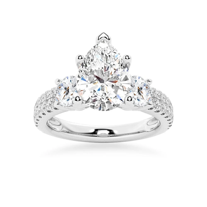 White gold three stone pear moissanite engagement ring top view with double row pave band-NOVELLE VOW