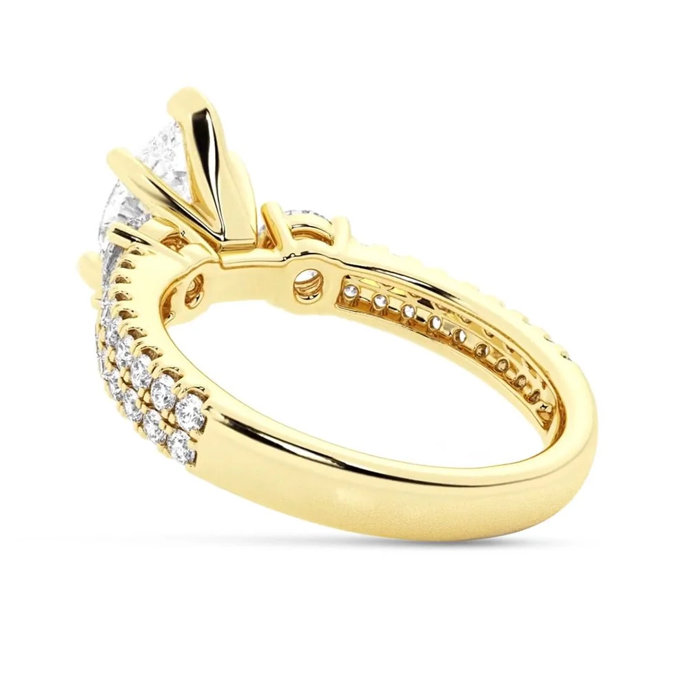 Pear Moissanite Three-Stone Engagement Ring with Double Pavé Band