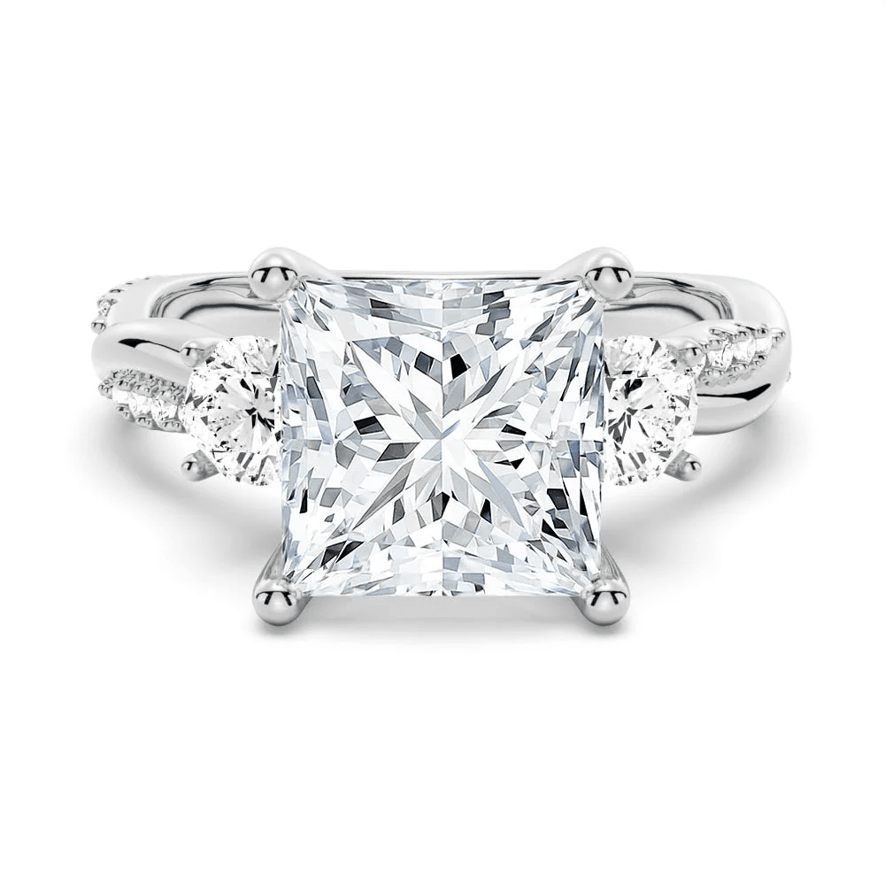 Three Stone Princess Cut Moissanite Engagement Ring with Twisted Band - Novelle Vow