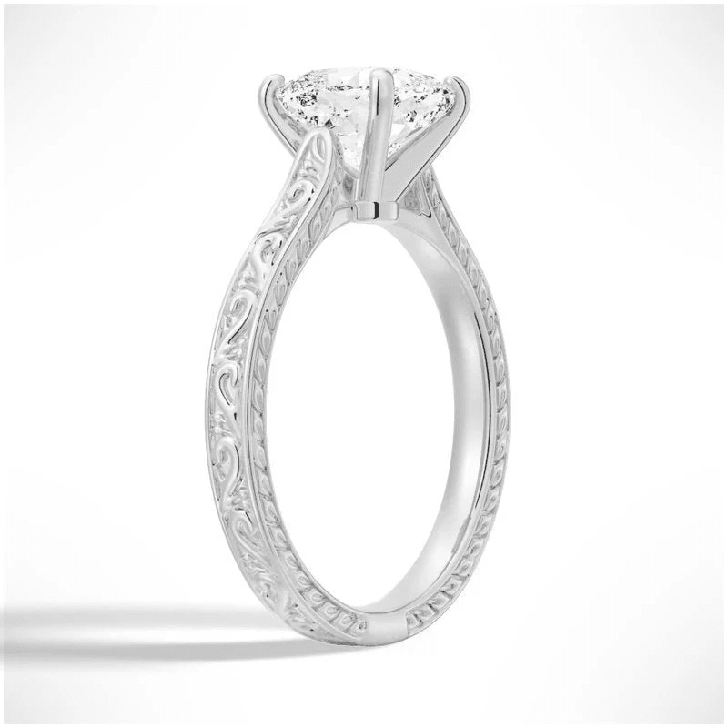 Vintage Cushion-Cut Moissanite Engagement Ring with Engraved Band - Novelle Vow
