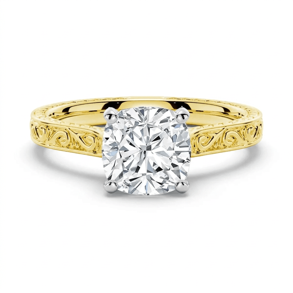 Vintage Cushion-Cut Moissanite Engagement Ring with Engraved Band - Novelle Vow