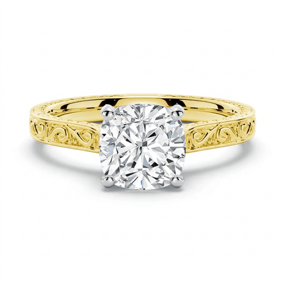 Vintage Cushion-Cut Moissanite Engagement Ring with Engraved Band - Novelle Vow