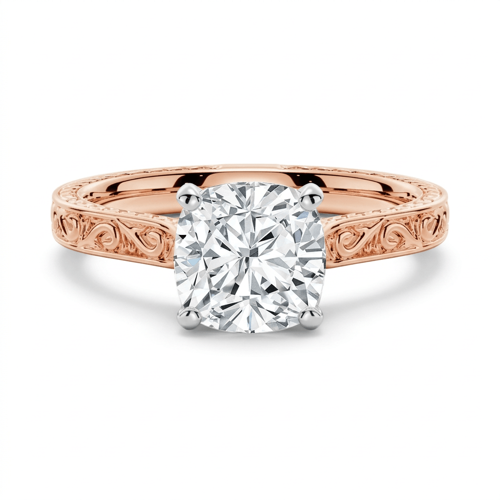 Vintage Cushion-Cut Moissanite Engagement Ring with Engraved Band - Novelle Vow