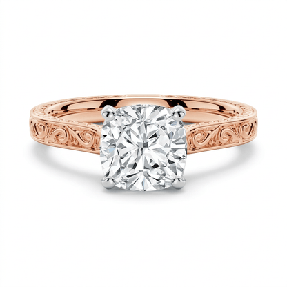 Vintage Cushion-Cut Moissanite Engagement Ring with Engraved Band - Novelle Vow