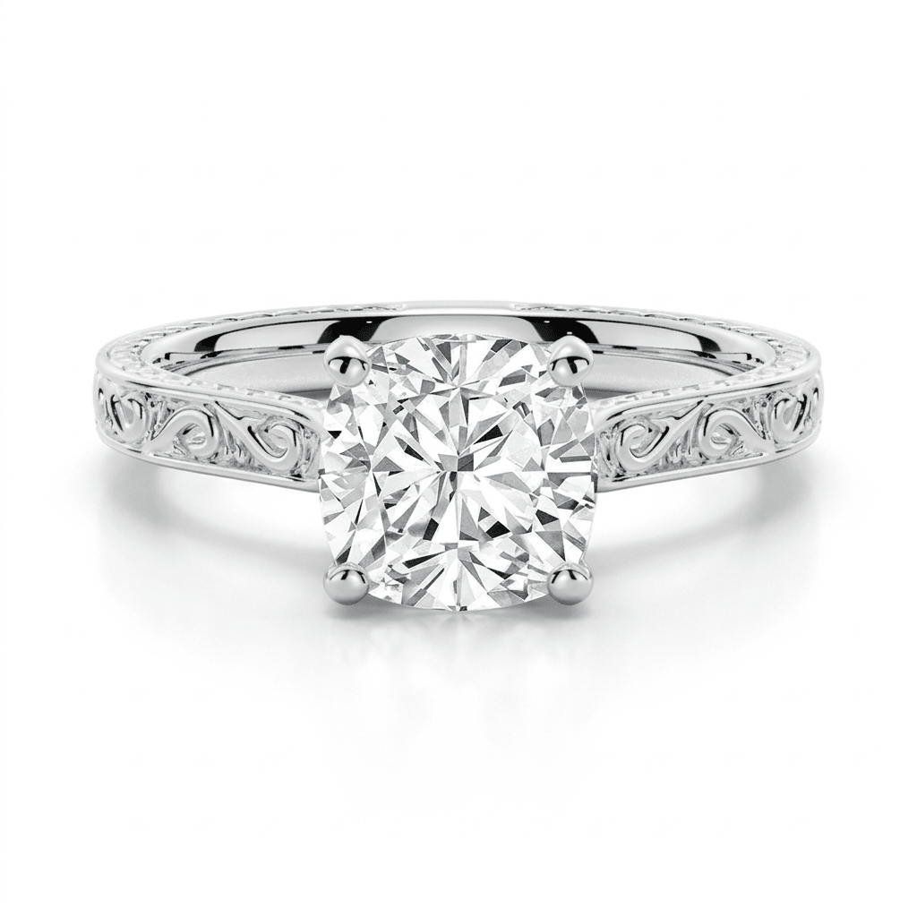 Vintage Cushion-Cut Moissanite Engagement Ring with Engraved Band - Novelle Vow