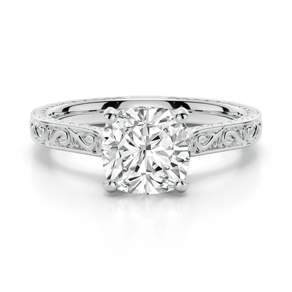Vintage Cushion-Cut Moissanite Engagement Ring with Engraved Band - Novelle Vow