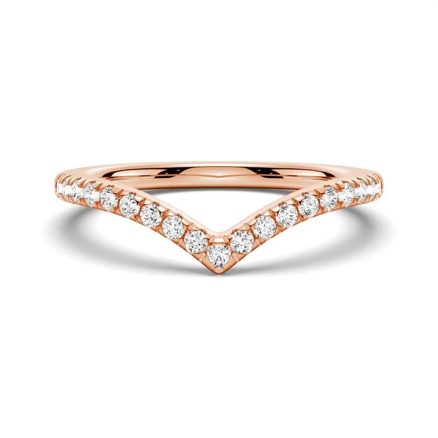 Front view of women's curved V-shaped French pavé round moissanite wedding band in rose gold color