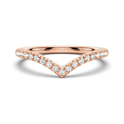 Front view of women's curved V-shaped French pavé round moissanite wedding band in rose gold color
