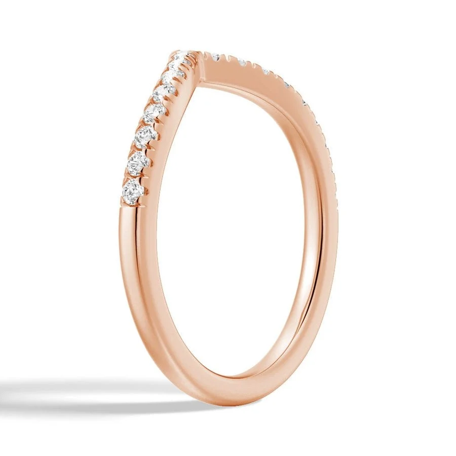 Three-quarter perspective view of women's 0.28ct TW curved V moissanite band in rose gold color