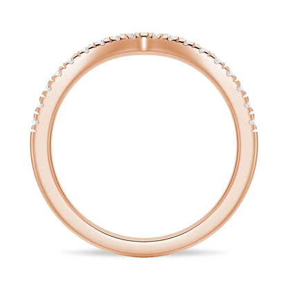 Side profile view showing round inner band and curved V contour setting in rose gold color