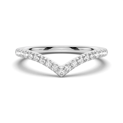 NOVELLE VOW front view of women's curved V-shaped French pavé round moissanite wedding band in white gold color