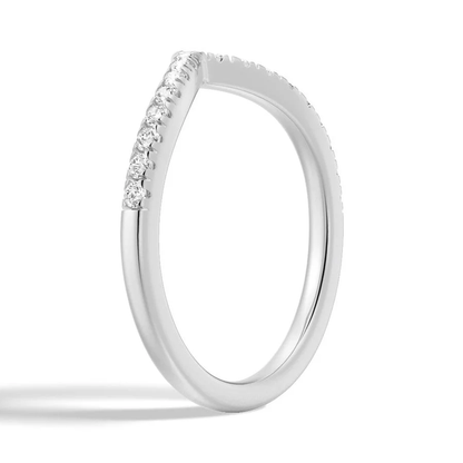 Three-quarter perspective view of women's 0.28ct TW curved V moissanite band in white gold color