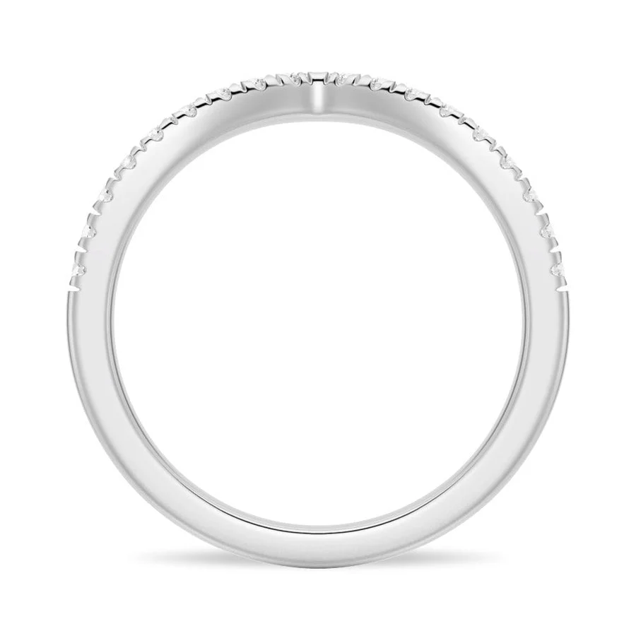 Side profile view showing round inner band and curved V contour setting in white gold color