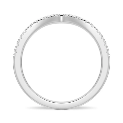 Side profile view showing round inner band and curved V contour setting in white gold color