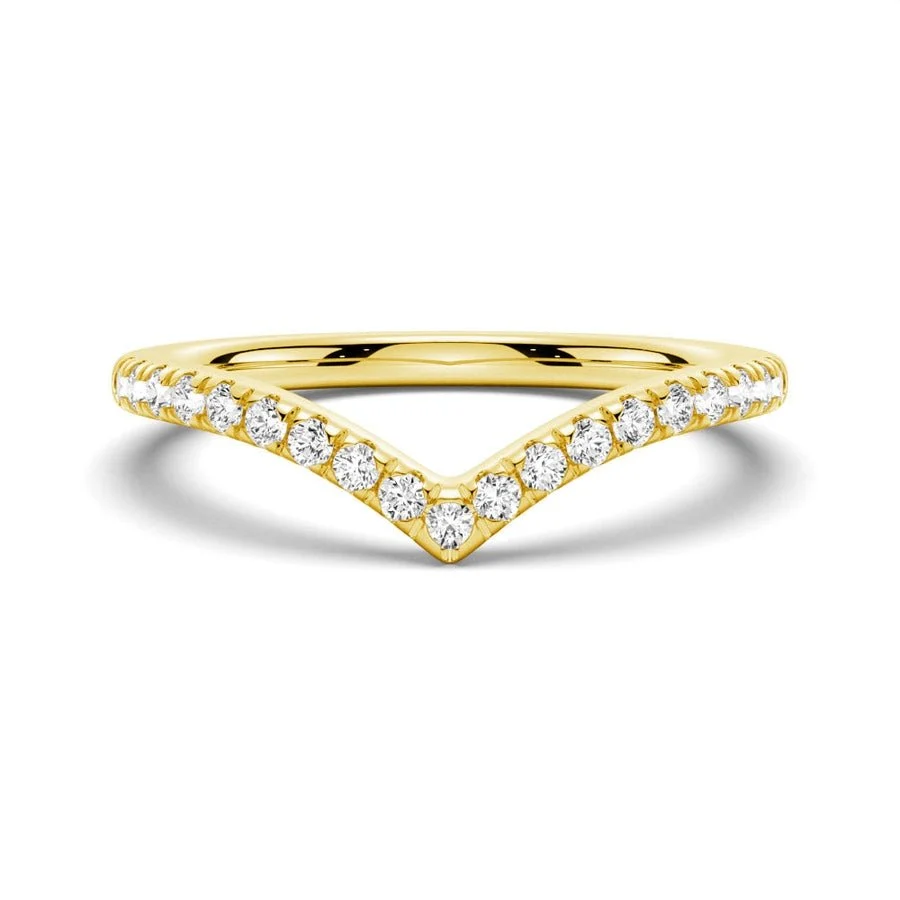 Front view of women's curved V-shaped French pavé round moissanite wedding band in yellow gold color