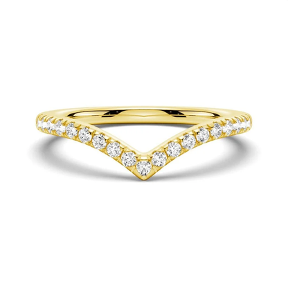 Front view of women's curved V-shaped French pavé round moissanite wedding band in yellow gold color