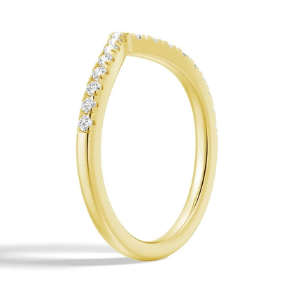 Three-quarter perspective view of women's 0.28ct TW curved V moissanite band in yellow gold color
