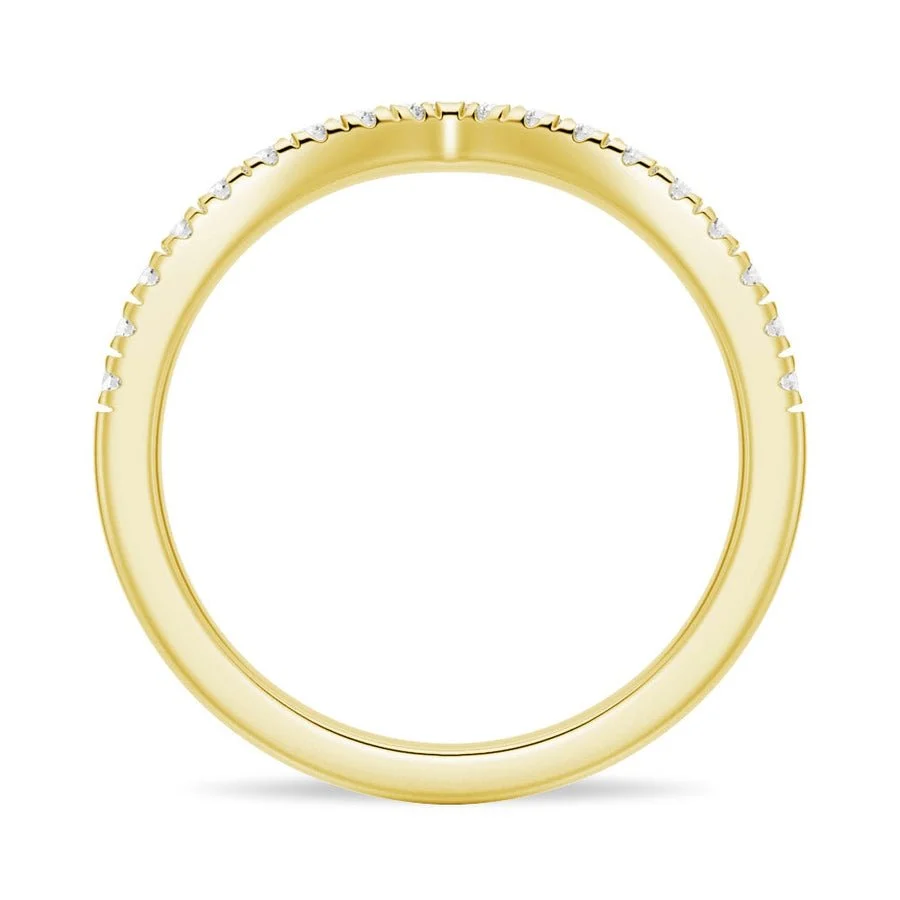 Side profile view showing round inner band and curved V contour setting in yellow gold color