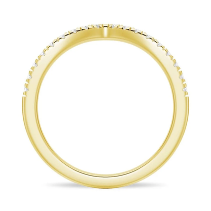 Side profile view showing round inner band and curved V contour setting in yellow gold color